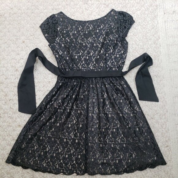 Elle New Years Eve Dress Womens Sz 4 Black Shimmer Lace Overlay Party Belted - Picture 6 of 11